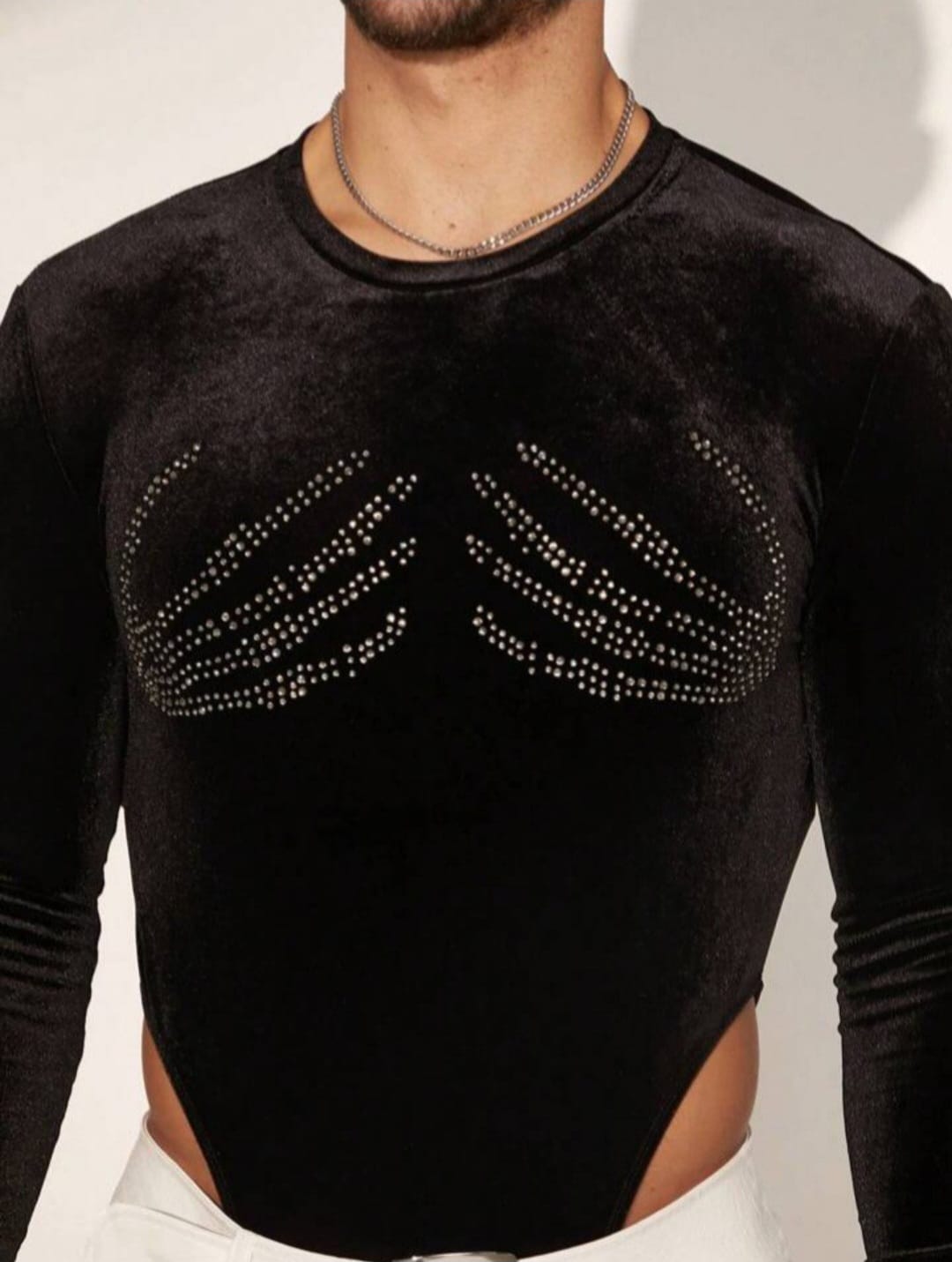 BONGA BOYS Men's crew neck long sleeve Rhinestone Decor Bodysuit